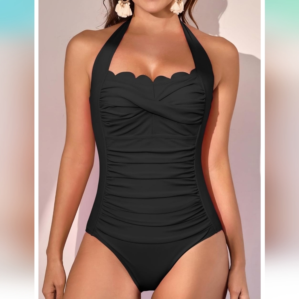 Elegant Black Halter Scallop Trim One-Piece Swimsuit - Picture 3 of 7